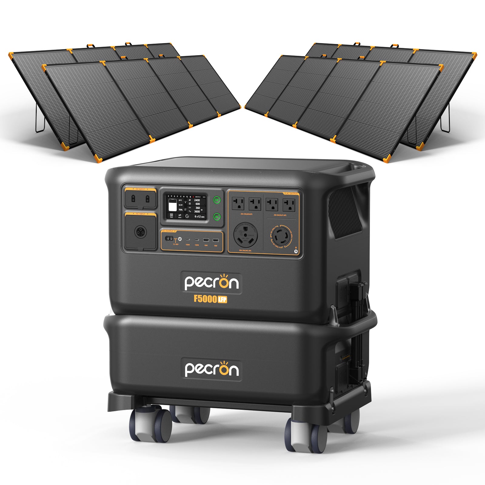 Pecron F5000LFP with 1 named FP5000-48V expansion battery unit(s) and 4 PV500 panels in manufacturer-selected-option illustration