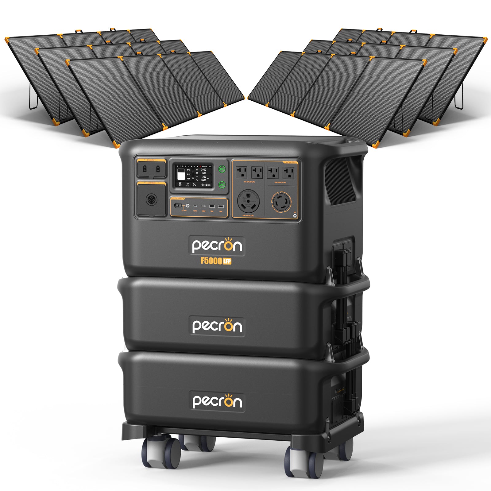 Pecron F5000LFP with 2 named FP5000-48V expansion battery unit(s) and 6 PV500 panels in manufacturer-selected-option illustration