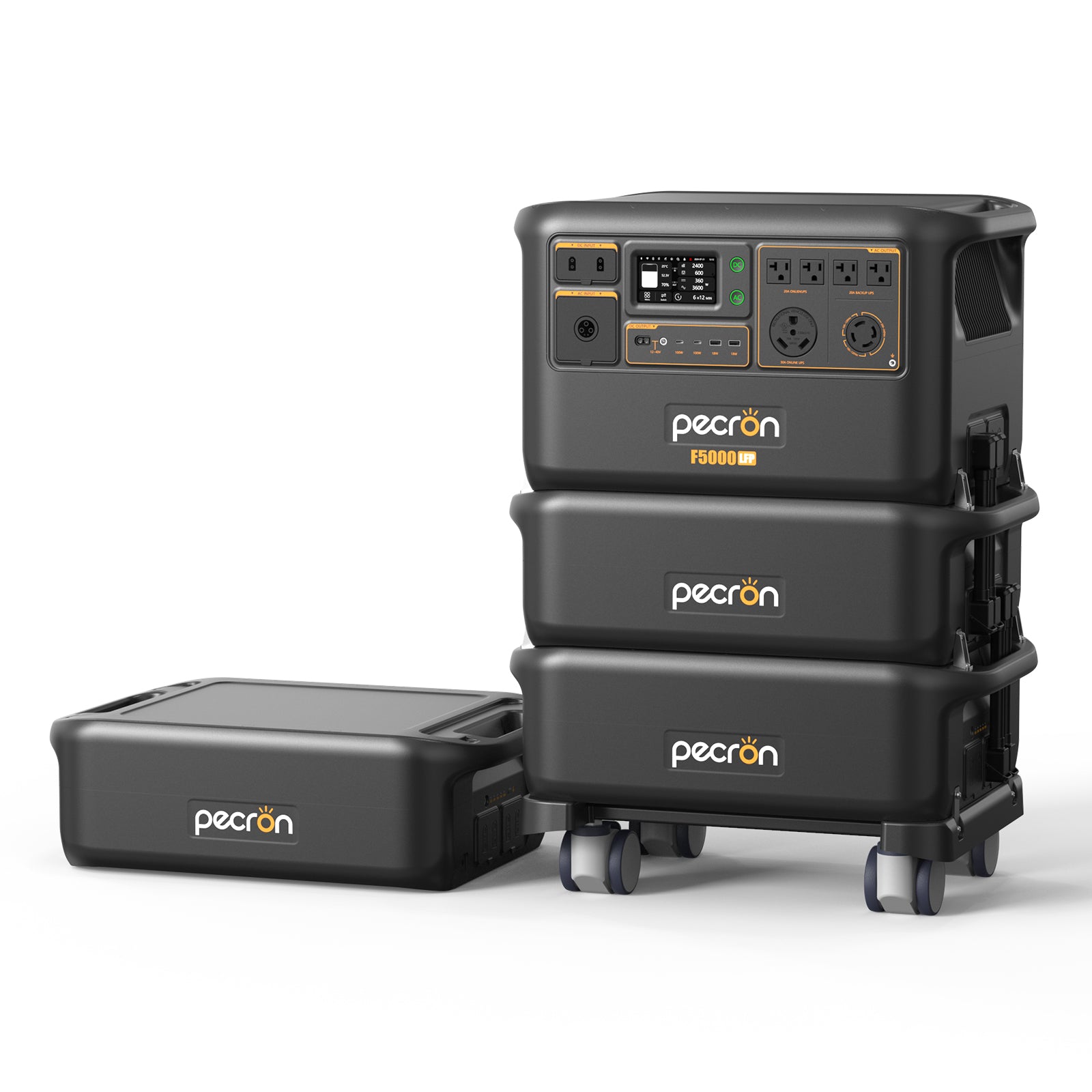 Pecron F5000LFP with 3 FP5000-48V expansion-battery units, official selected-option CGI/render associated with exact SKU F5000LFP- FP5000-48V*3
