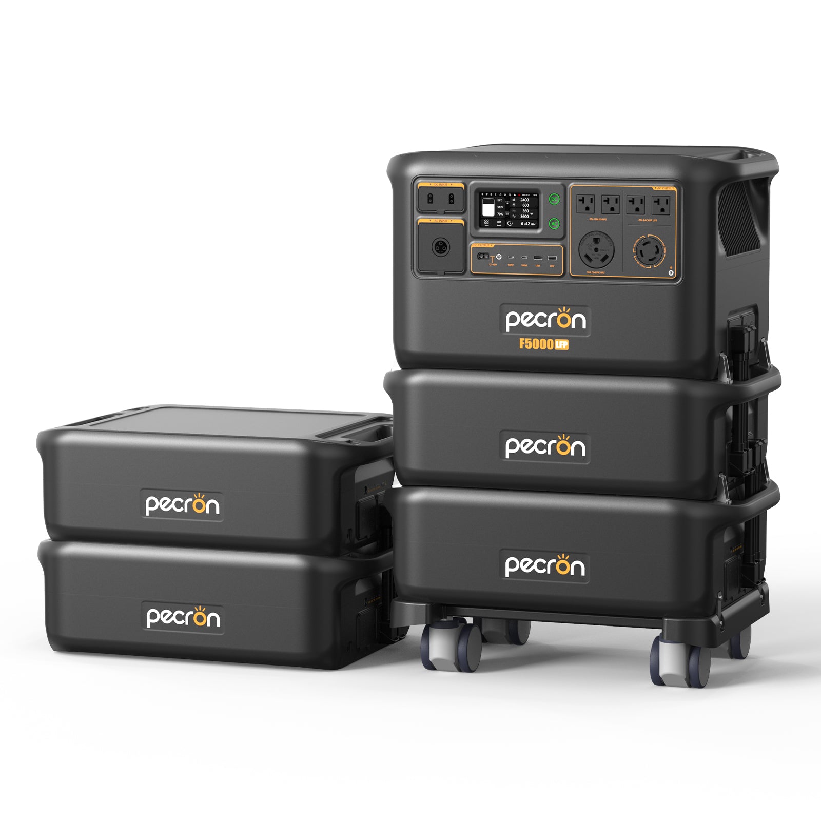 Pecron F5000LFP with 4 FP5000-48V expansion-battery units, official selected-option CGI/render associated with exact SKU F5000LFP- FP5000-48V*4