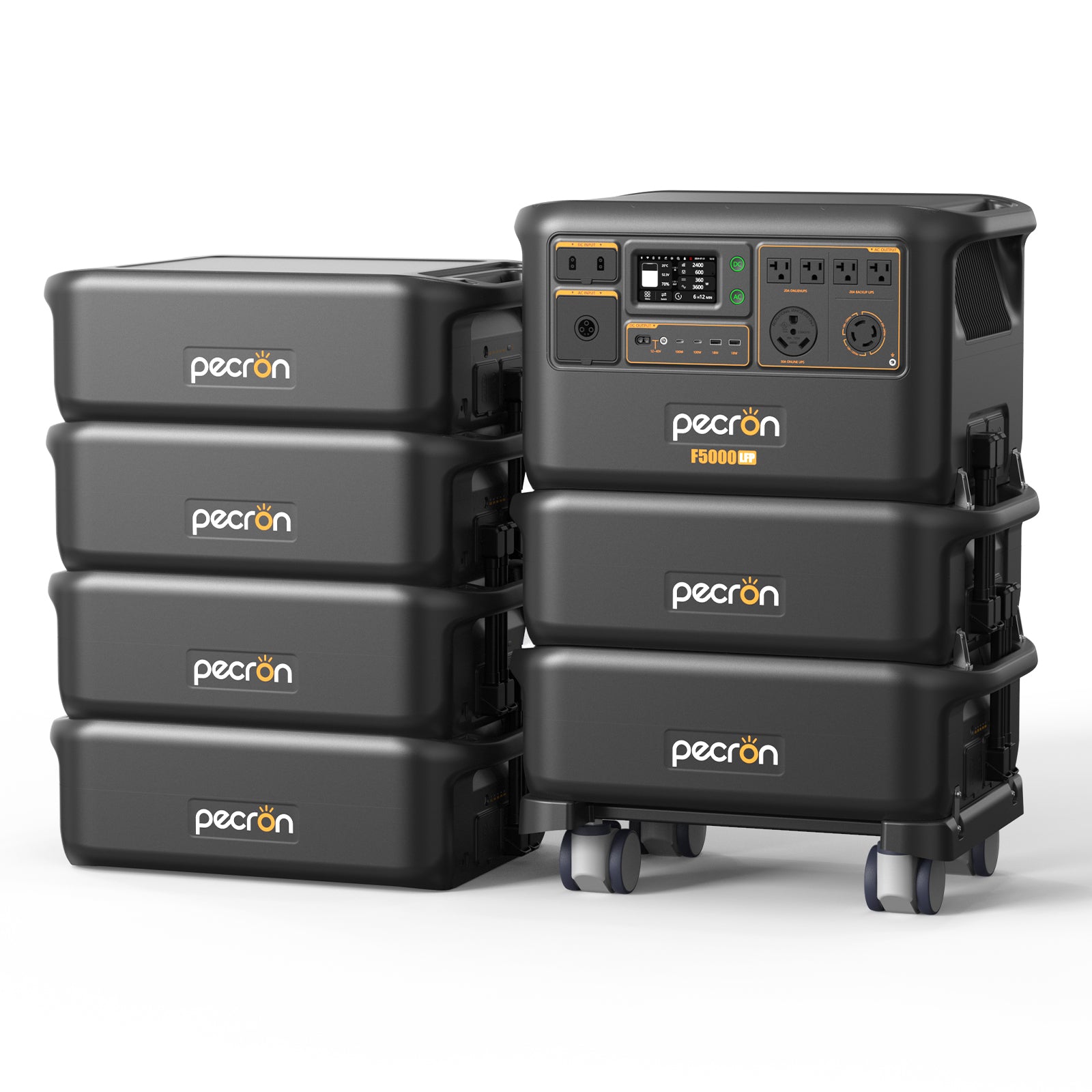 Pecron F5000LFP with 6 FP5000-48V expansion-battery units, official selected-option CGI/render associated with exact SKU F5000LFP- FP5000-48V*6