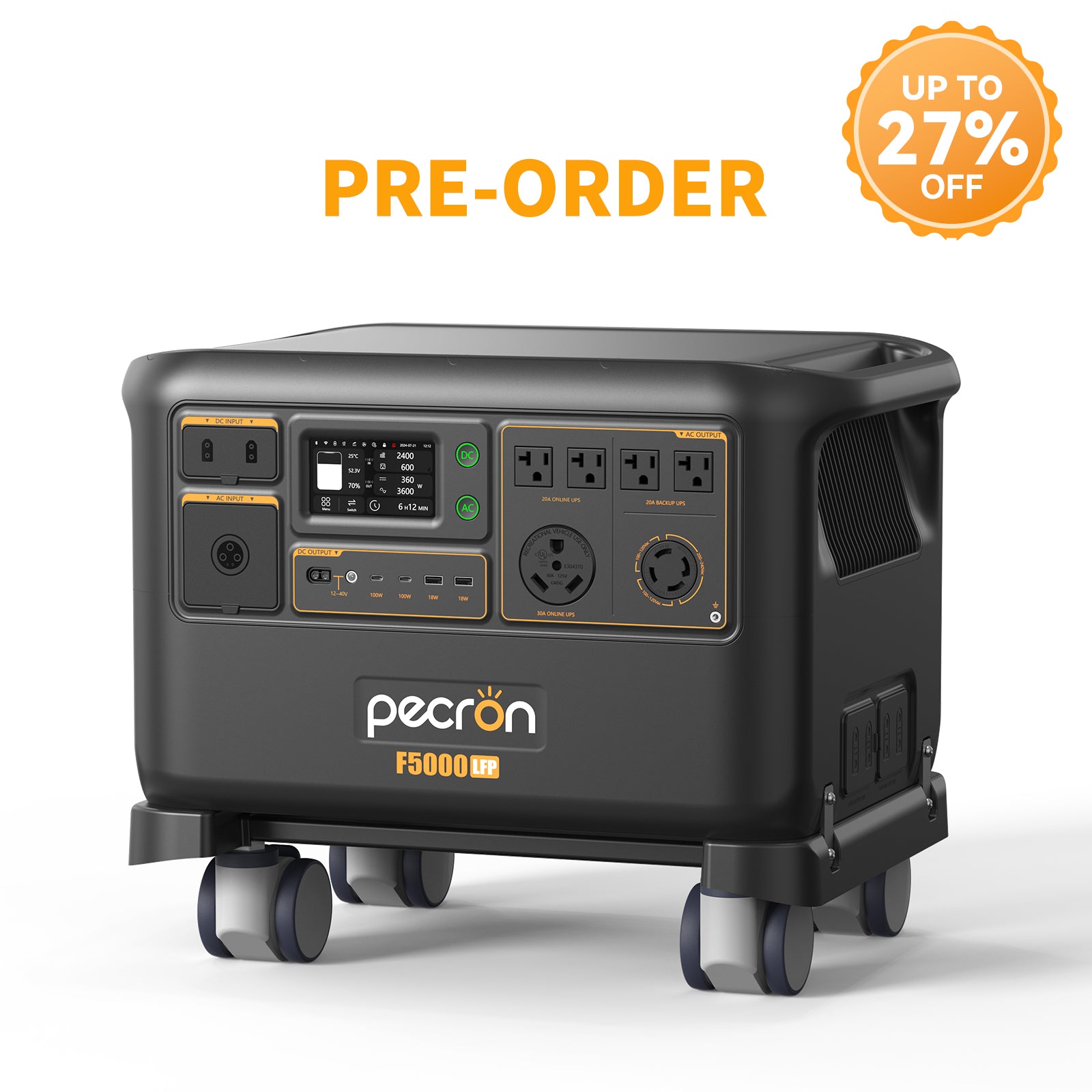 Pecron F5000LFP manufacturer rendering with dual-voltage panel, wheels and product-page PRE-ORDER graphic