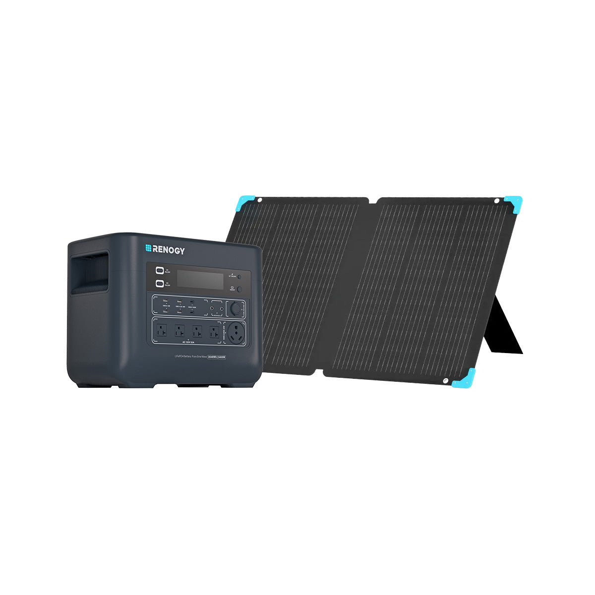Renogy PowerStation 2000 with a folding solar panel shown in its 120 watt kit product-page image