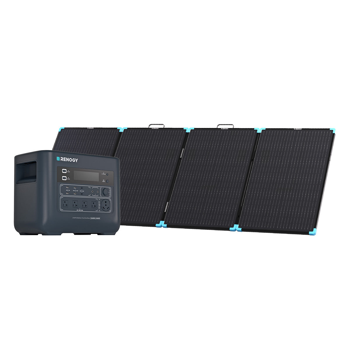 Renogy PowerStation 2000 beside the folding panel shown on its 220 watt kit page
