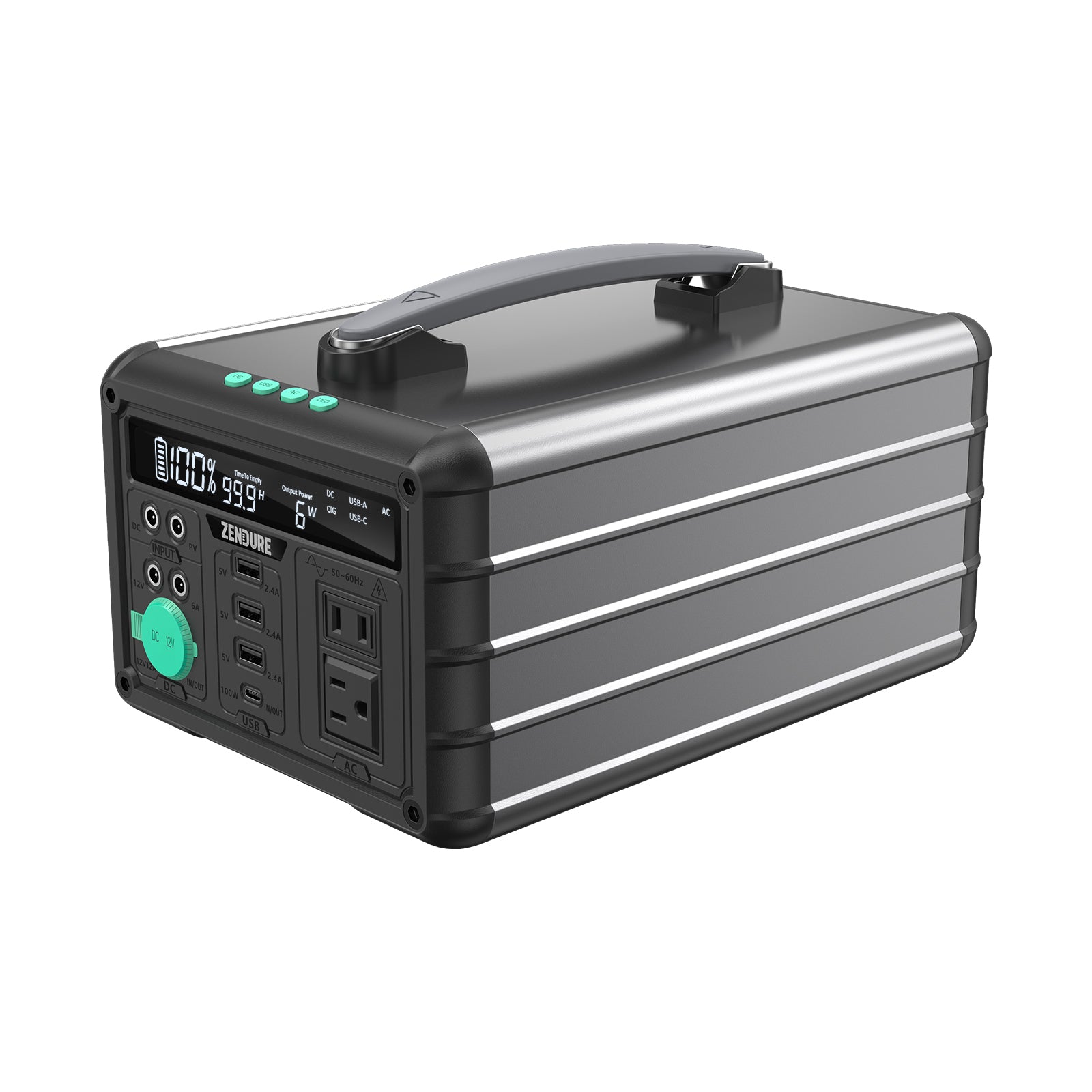 Zendure-SuperBase-M-Herstellerdarstellung mit einer grauen, rechteckigen Powerstation, Tragegriff, Frontdisplay und zwei AC-Steckdosenpositionen sowie einer DC-/USB-Anschlussleiste; der Hersteller verwendet dasselbe Bild für die Auswahlvarianten 1000M und 600M.
